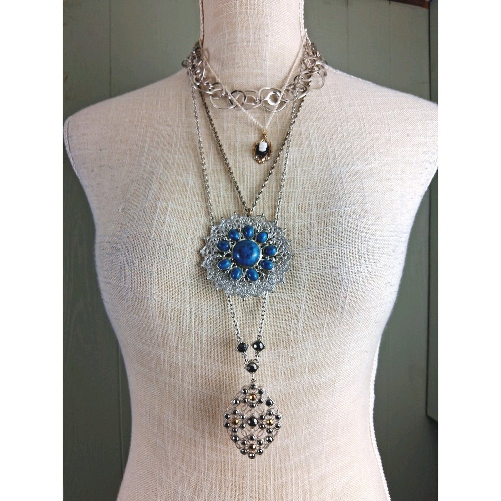 Lot of 4 Silver Tone Necklaces Y2K Filigree Cameo Dainty Faux Turquoise Choker